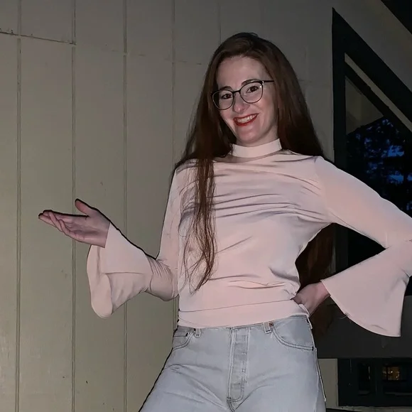 Darphin blush pink high neck boho bellsleeve chiffon blouse Sz S business casual - Picture 10 of 10